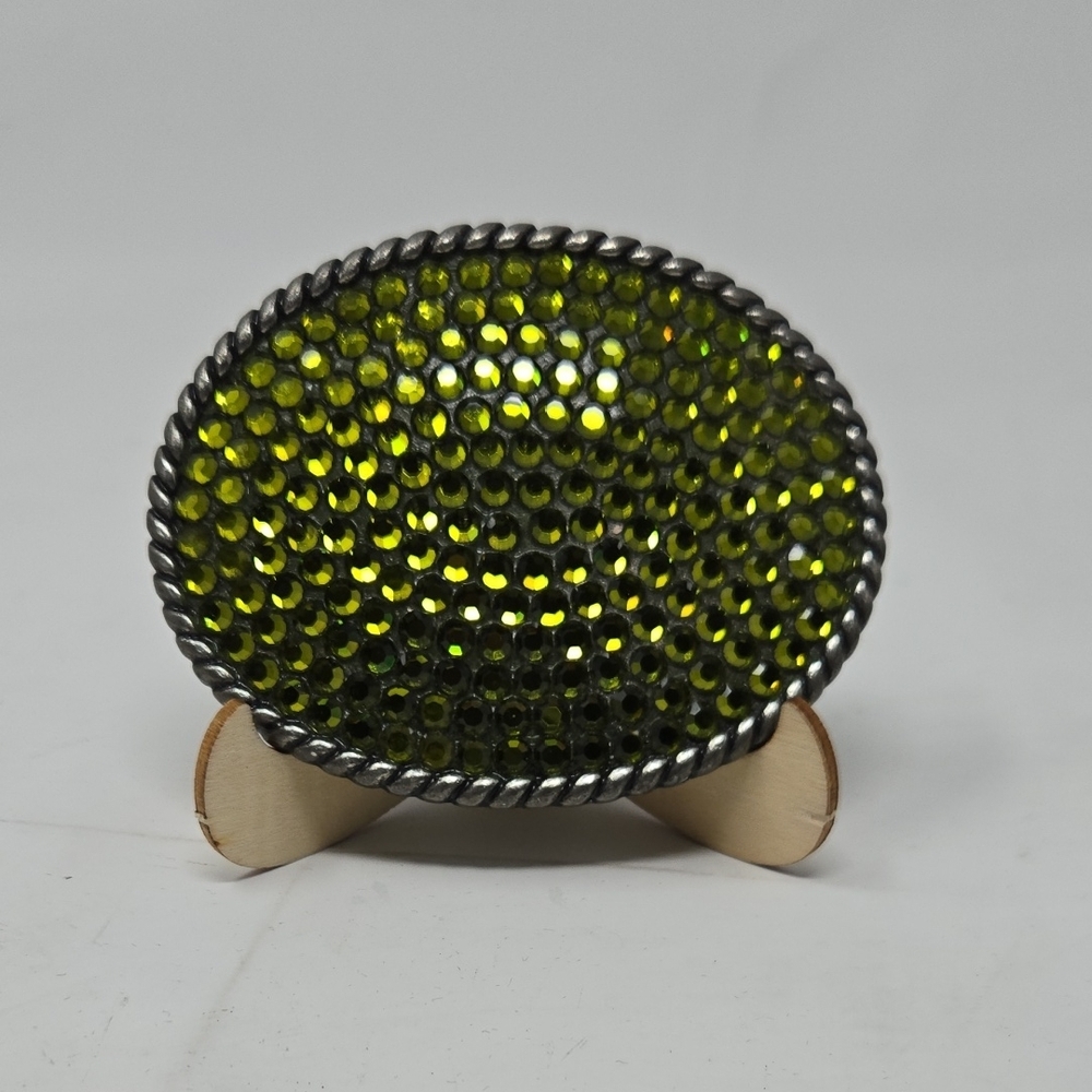 TRES FLORES Green Rhinestone Oval Belt Buckle - Picture 2 of 7